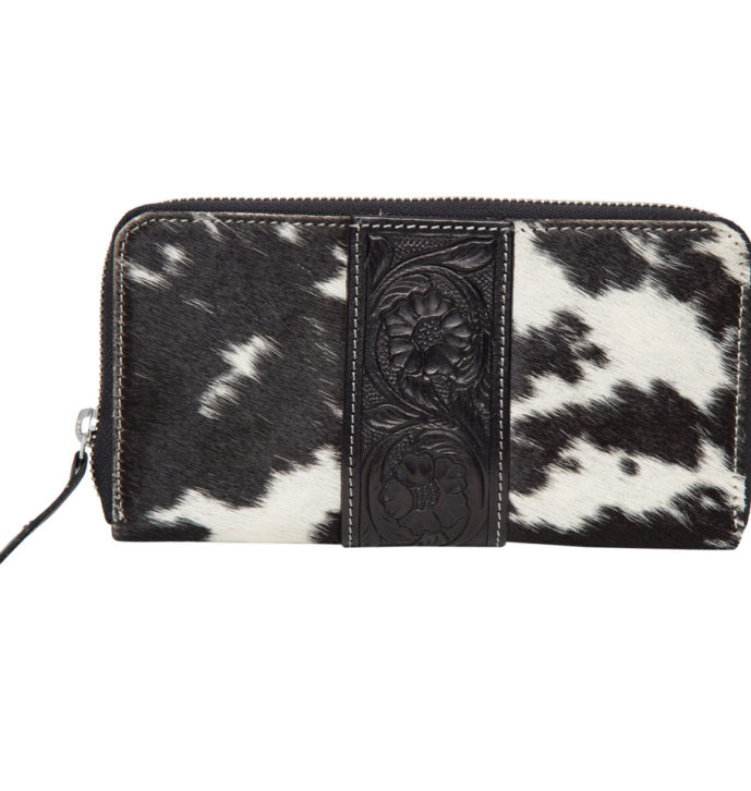 Aw21 Black White Cowhide Tooling Zipper Wallet