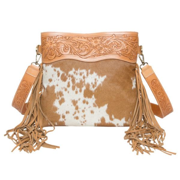Ab13 Tan White Cowhide Sling Bag Leather Carving Fringes