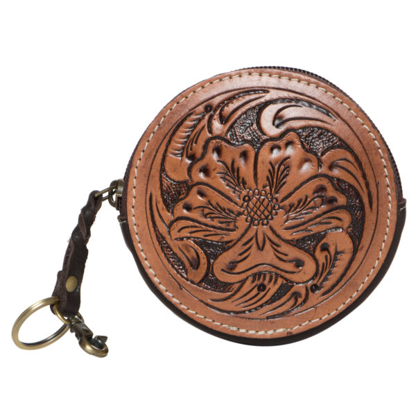 Ca10 Brown Tooled Leather Round Coin Purse