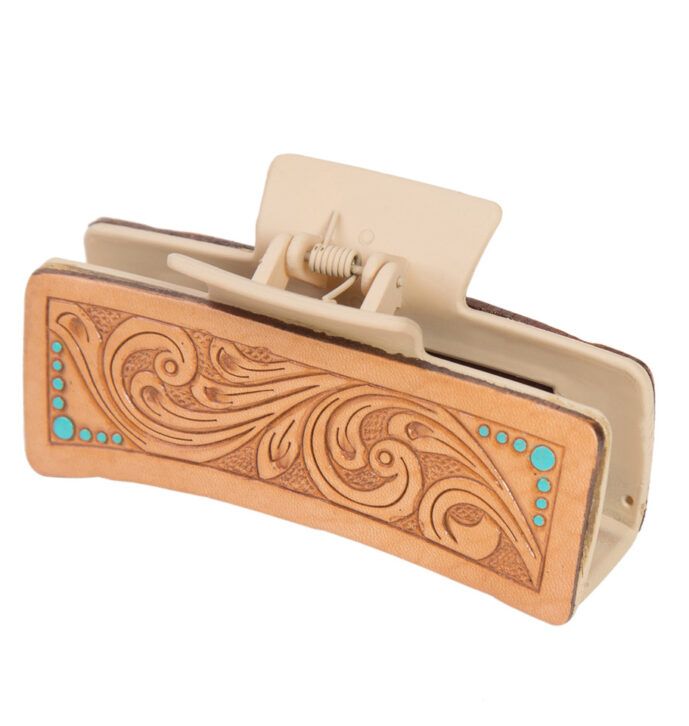 Ca12 Tan Hand Tooled Leather Hair Clip
